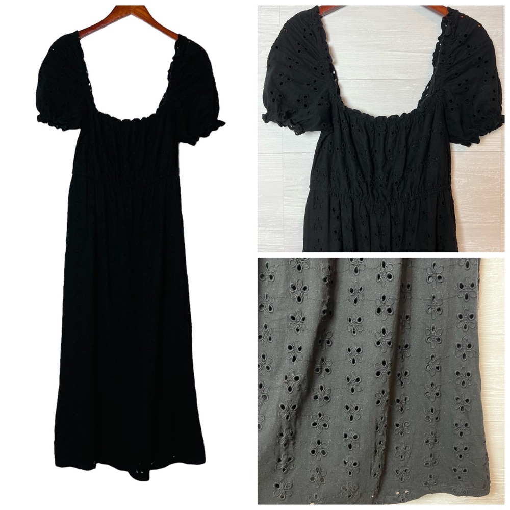 ASOS DESIGN black eyelet midi dress with square neck and puff sleeves size 8